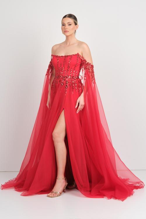 Ömür Inn Kadın Straplez Payet İşlemeli Kolları Pelerin Detaylı Uzun Abiye Elbise 5584 Kırmızı