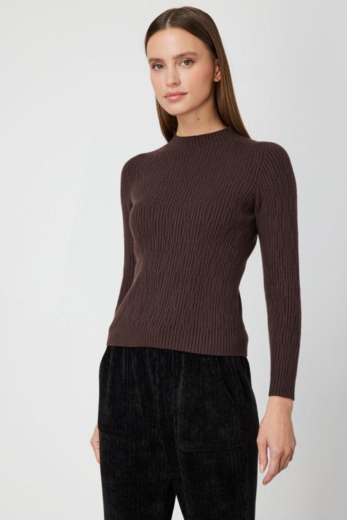 Kadın Sıfır Yaka Örgü Desenli Triko Kazak 69314 Kahverengi