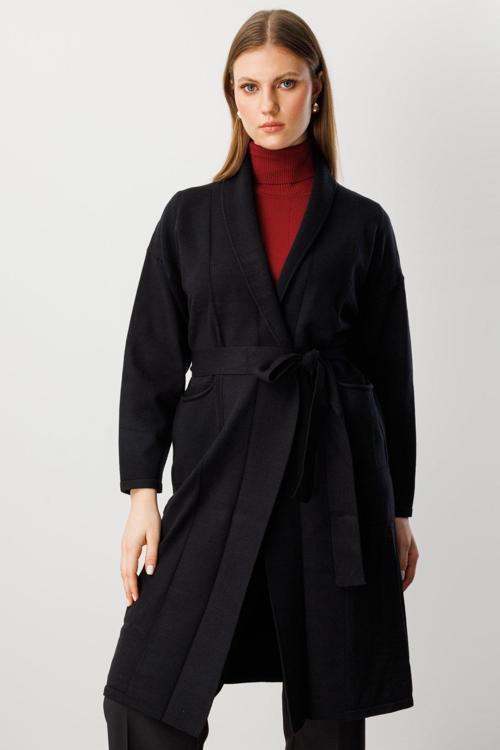 Kadın Büyük Beden Beli Kuşaklı Şal Yaka Hırka 60900 Siyah