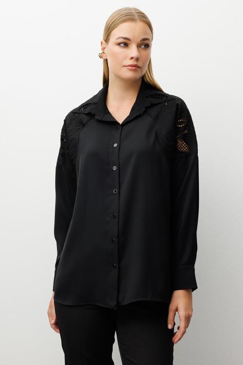 Kadın Nakış Detaylı Oversize Gömlek 0095 Siyah