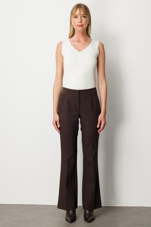 Kadın Beli Kalın Lastikli İspanyol Paça Pantolon 1105 Kahverengi