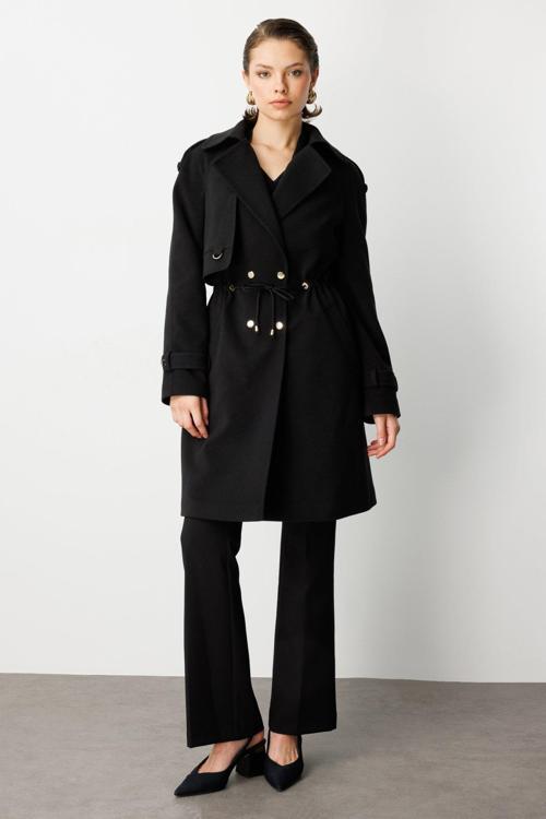 Kadın Beli Bağcıklı Apoletli Kaban 6037 Siyah