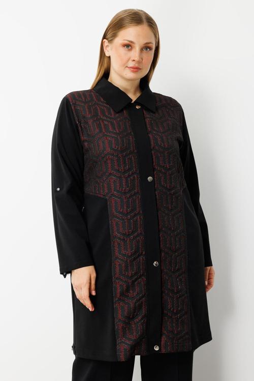 Kadın Büyük Beden Ön Kapama Çıtçıtlı Fermuarlı Gofre Kumaş Tunik 0017 Bordo