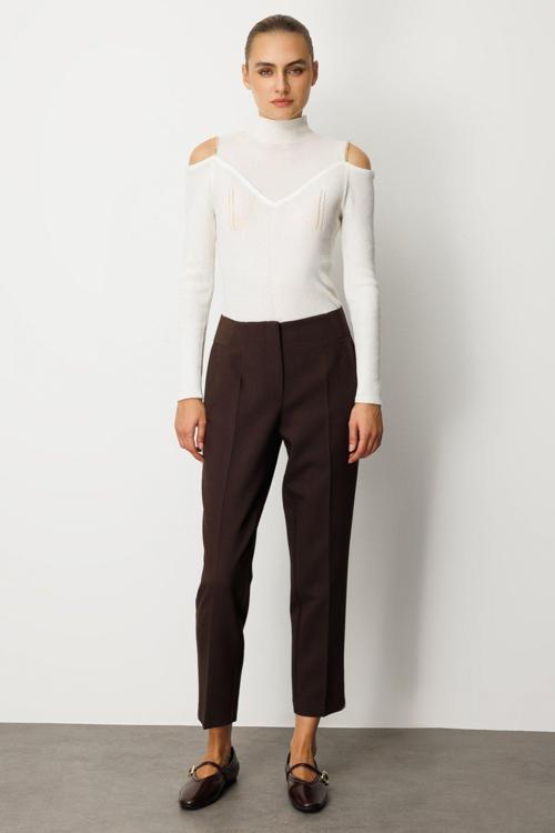 Kadın Beli Kalın Lastikli Dar Paça Pantolon 1109 Kahverengi