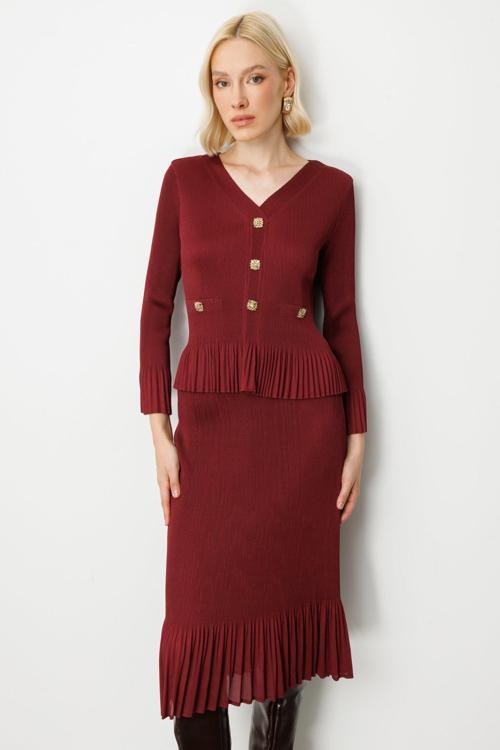 Kadın Süs Düğmeli Piliseli Bluz 3913 Bordo