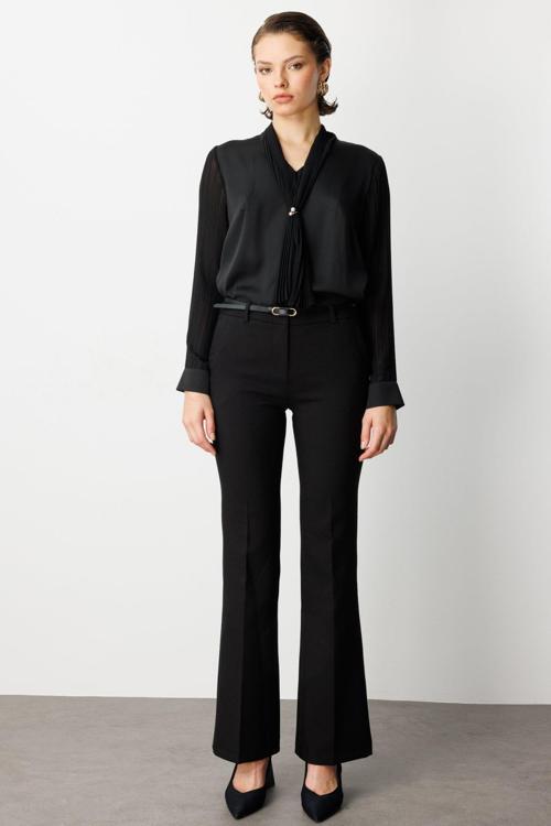 Kadın Beli Kemerli İspanyol Paça Pantolon 1011 Siyah