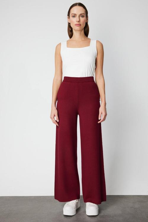Kadın Cebi Taş Detaylı Bol Paça Triko Pantolon 63919 Bordo