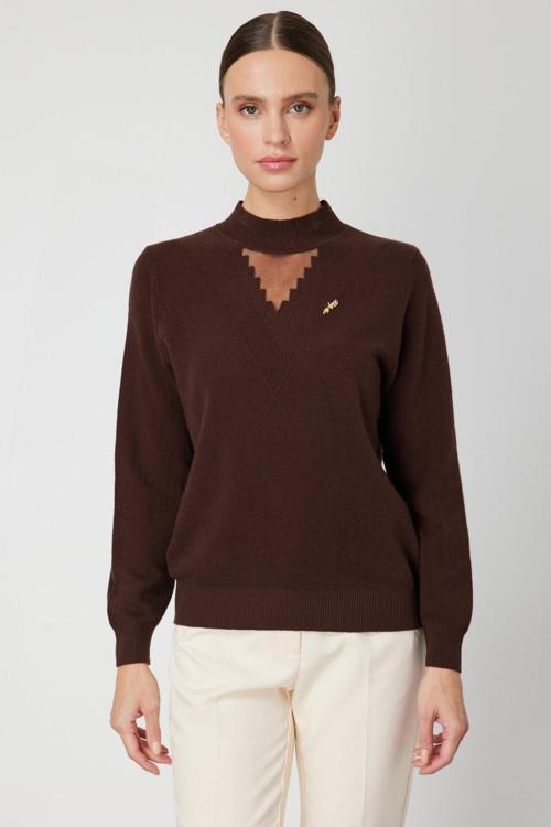 Kadın Yakası Tül Detaylı Pamuklu Triko Kazak 60342 Kahverengi