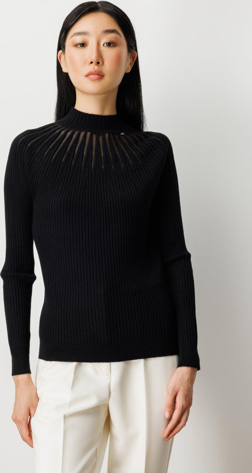 Kadın Dik Yaka Tül Detaylı Triko Kazak 60384 Siyah