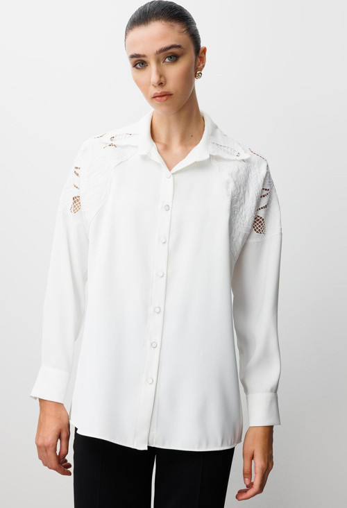 Kadın Nakış Detaylı Oversize Gömlek 0095 Ekru