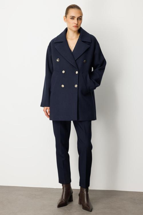 Kadın Kruvaze Yaka Yan Cepli Kaban 6093 Lacivert