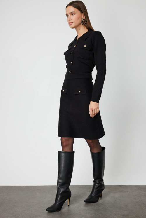 Kadın Cep Detaylı Diz Üstü Triko Etek 69508 Siyah