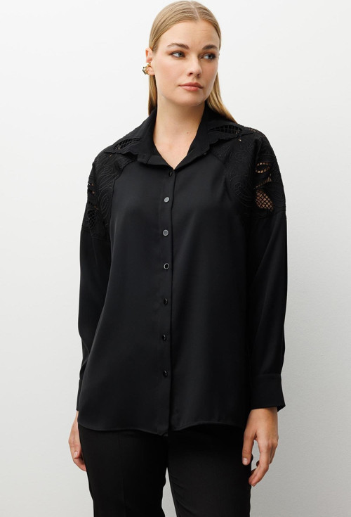 Kadın Nakış Detaylı Oversize Gömlek 0095 Siyah