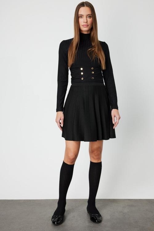 Kadın Pileli Mini Triko Etek 65203 Siyah