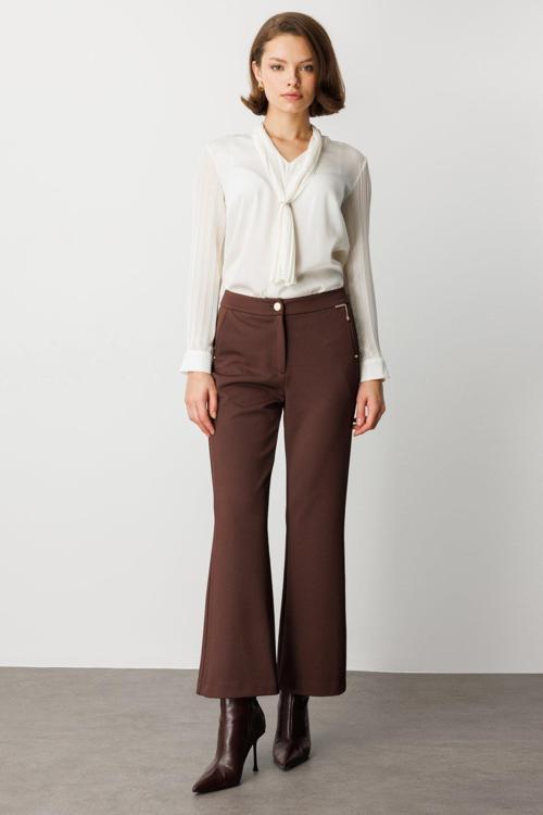 Kadın Zincir Aksesuarlı Bol Paça Pantolon 1021 Kahverengi