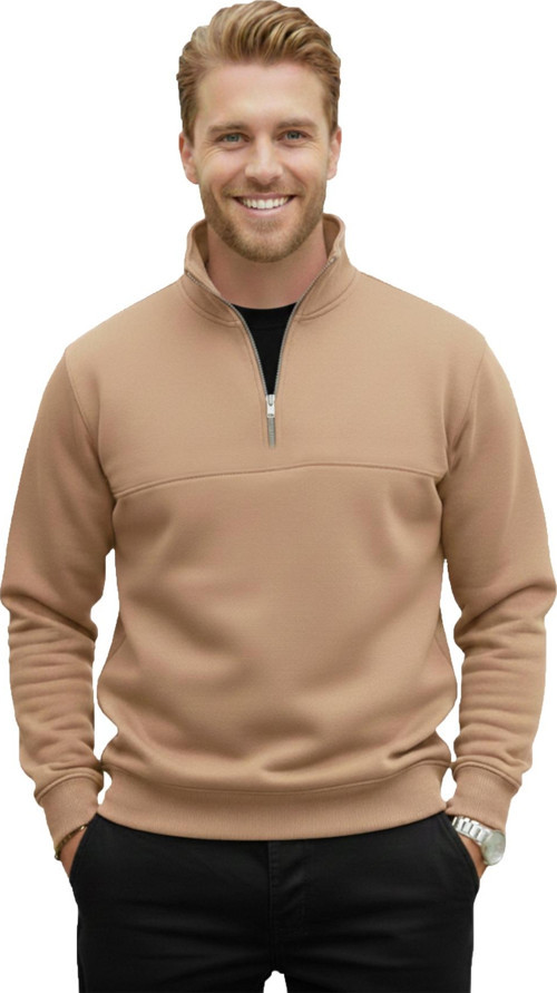 Erkek Camel Relax Fit İçi Polarlı %100 Pamuk Yarım Fermuarlı Dik Yaka Sweatshirt 2600760