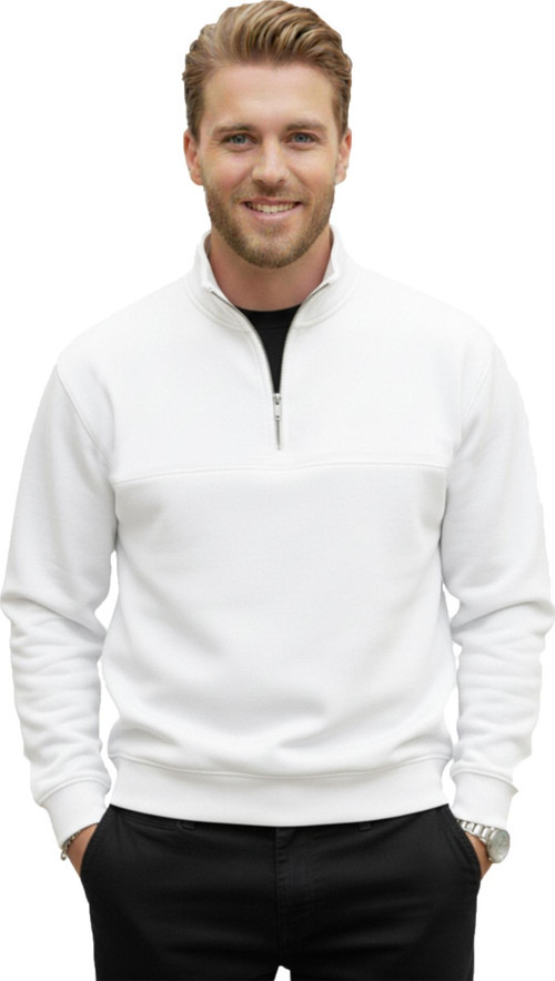 Erkek Beyaz Relax Fit İçi Polarlı %100 Pamuk Yarım Fermuarlı Dik Yaka Sweatshirt 2600760