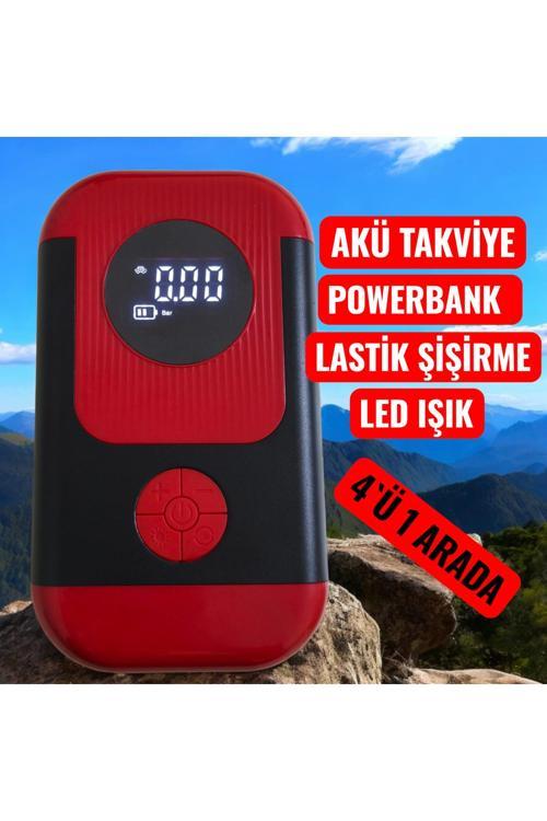 Taşınabilir Çantalı Araç Akü Şarj Takviyeli Göstergeli Işıklı Hava Kompresörü 8000Mah Powerbank
