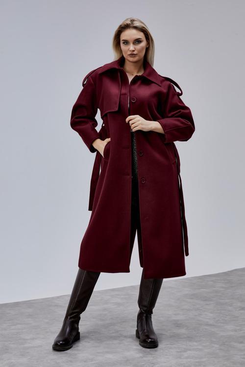 Marvella Bordo Premium Apoletli Rüzgarlık Detaylı Kaşe Kaban