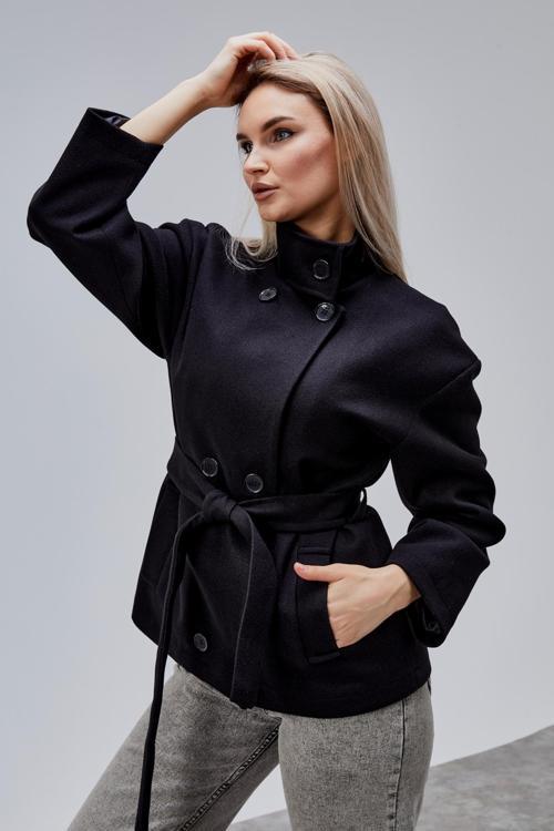Carvella Siyah Dik Yaka Kemerli Kaşe Ceket
