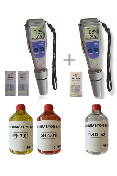 Ph Ve Ec Metre(Ad12-Ad31) Profesyonel Ölçüm Cihaz Seti 500 Ml Kalibre Sıvıları Dahil.