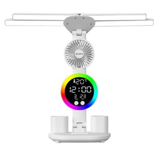 SL-M9070 Glow Beyaz Dokunmatik Led Lamba Saat, Fan,Derece Kalemlikli Masa Lambası