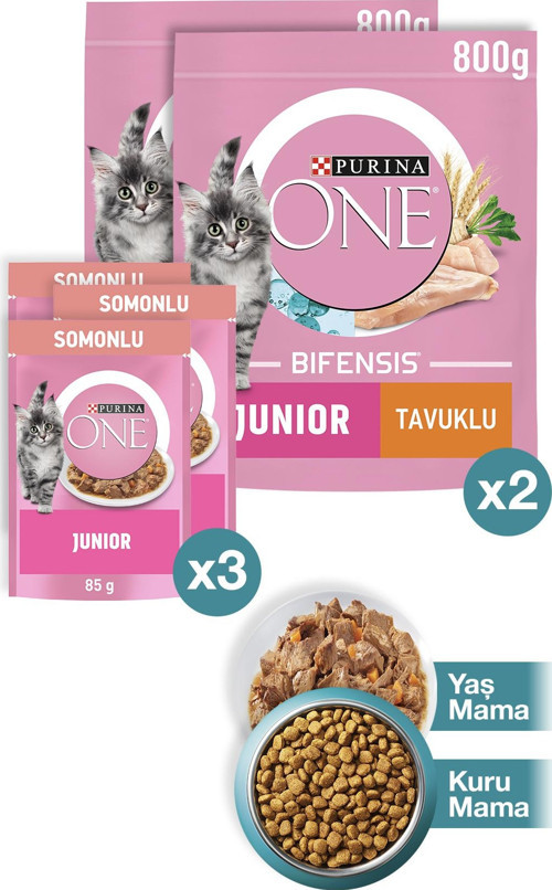 Junior Tavuk Yavru Kedi Maması 800gr X2 Adet+Junior Somon Yaş Yavru Kedi Maması 3x85g