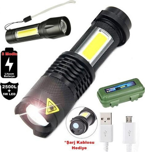 Su Geçirmez Şarjlı El Feneri 2500 Lumens + 5W COB LED USB Lion Şarjlı Ultra Güçlü Q5 XPE (5314)