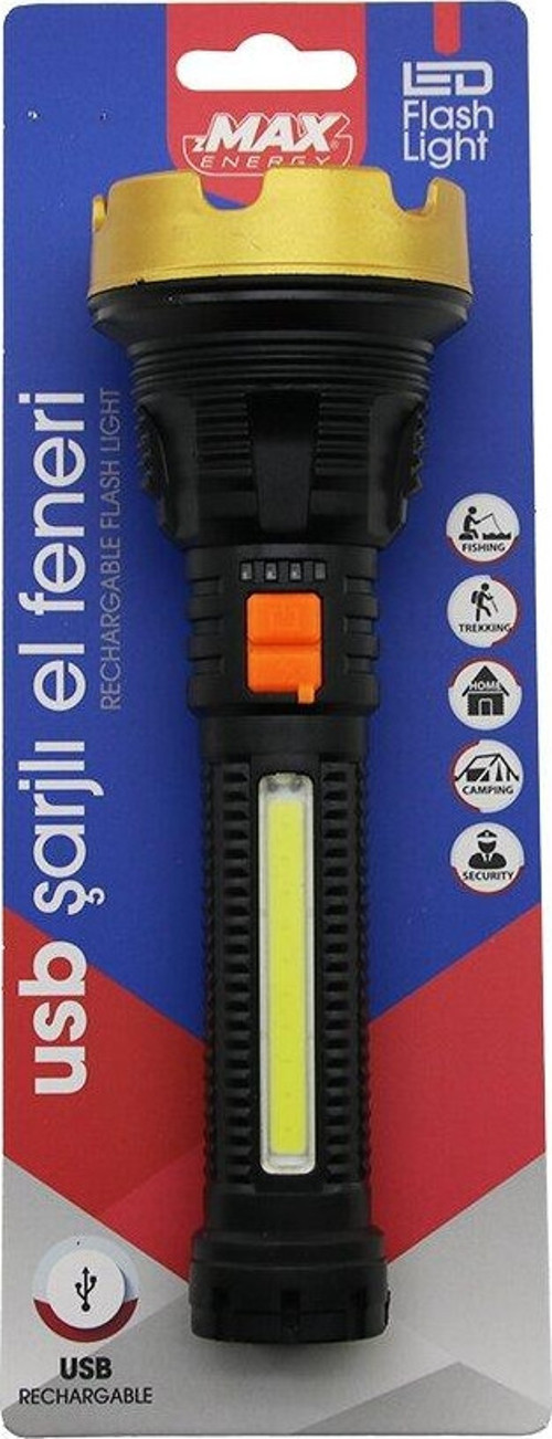 ORTA=19CM 2İN1= OSL LED - COB LED USB ŞARJLI EL FENERİ 3-KADEME IŞIK - FLAŞÖR ŞARJ GÖSTERGE (5314)