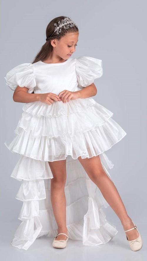 Kız Çocuk Eklenebilir Kuyruk Detaylı, Taçlı Aspendos Abiye Elbise M00758 BEYAZ