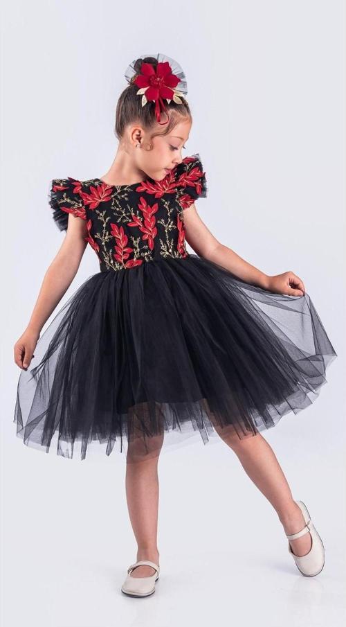 Kız Çocuk Nakışlı Tütü Etek Elbise MNK0578 SİYAH - KIRMIZI