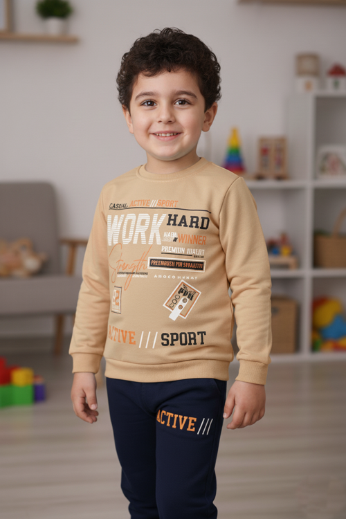 Work Baskılı Erkek Çocuk Eşofman MNK3112 KAHVERENGİ