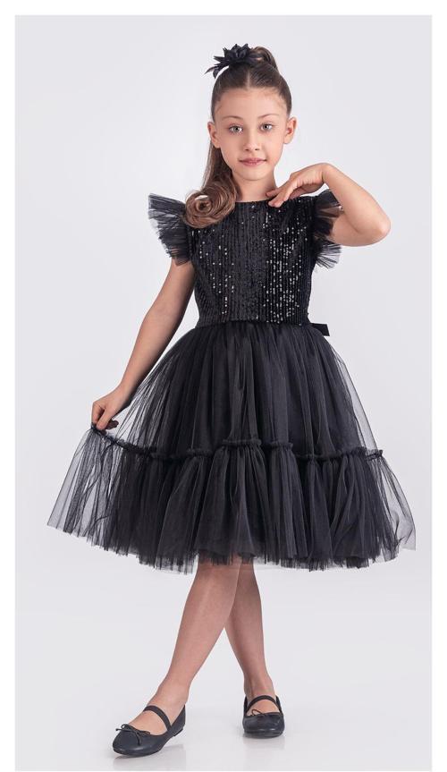 Pul Payet Katkat Tütü Etekli Kız Çocuk Elbise M00722 SİYAH - SİYAH