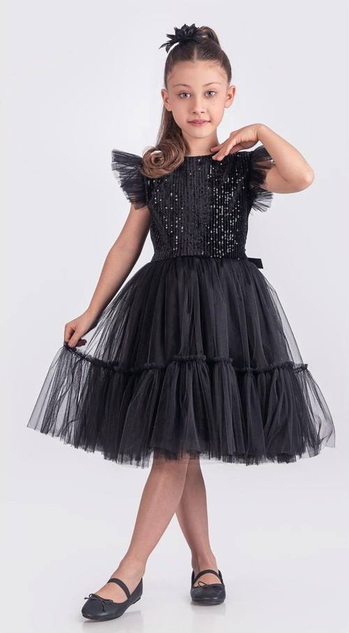 Pul Payet Katkat Tütü Etekli Kız Çocuk Elbise M00722 SİYAH - SİYAH