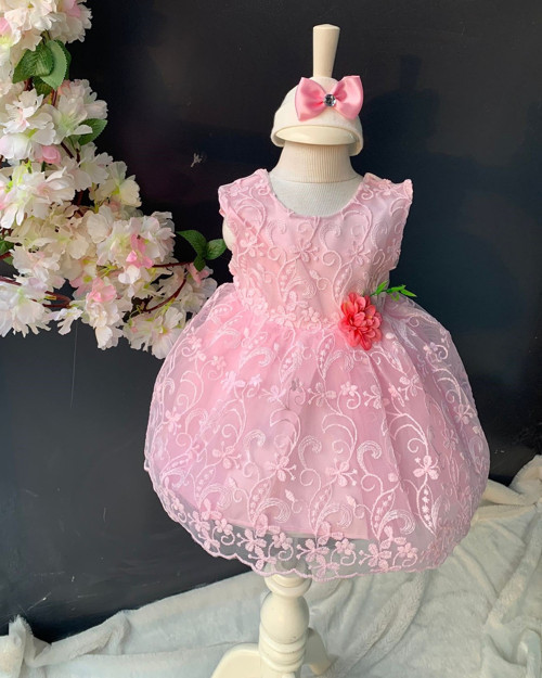Saç Bantlı Papatyalı Dantelli Bebek Elbise PNPN146 PEMBE