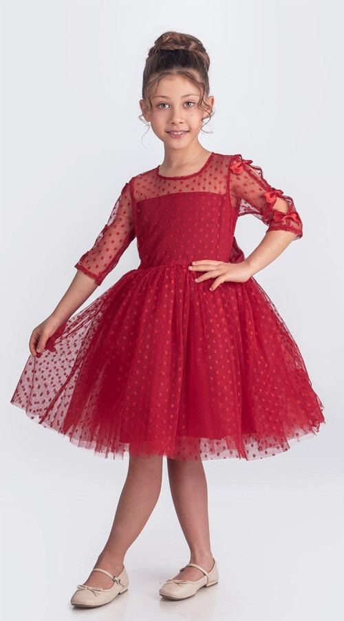 Dantel Puanlı, Uzun Kol Prenses Kız Çocuk Elbise M00707 KIRMIZI