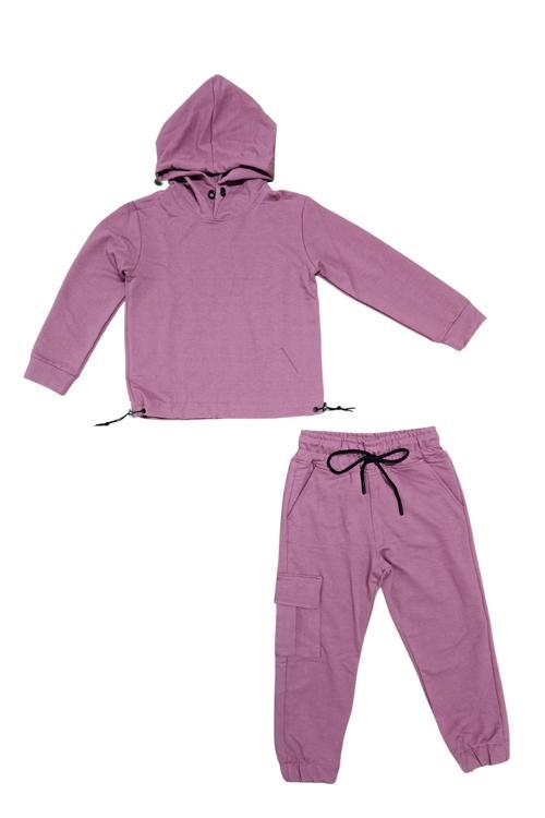 Kapşonlu Beli Lastik Detaylı Kız Çocuk Günlük Eşofman Takımı 2 İplik MNK0665 GÜL KURUSU