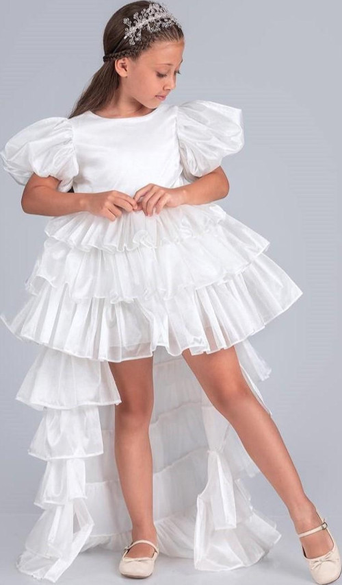 Kız Çocuk Eklenebilir Kuyruk Detaylı, Taçlı Aspendos Abiye Elbise M00758 BEYAZ