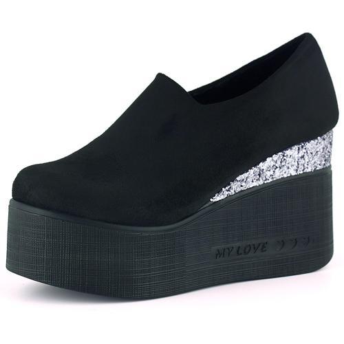 Lumi Siyah Süet Yuvarlak Burun Taşlı Gizli Dolgu Topuklu Günlük Ayakkabı