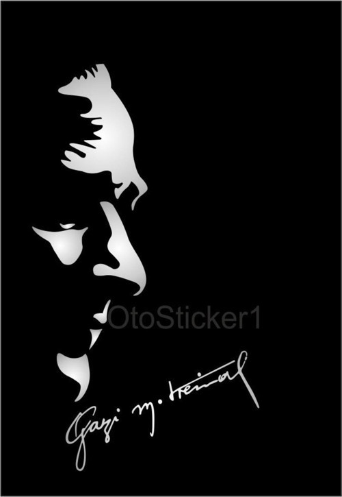 Atatürk Silüeti Ve Gazi Mustafa Kemal İmza Özel Stickeri Gri 32*10 Cm
