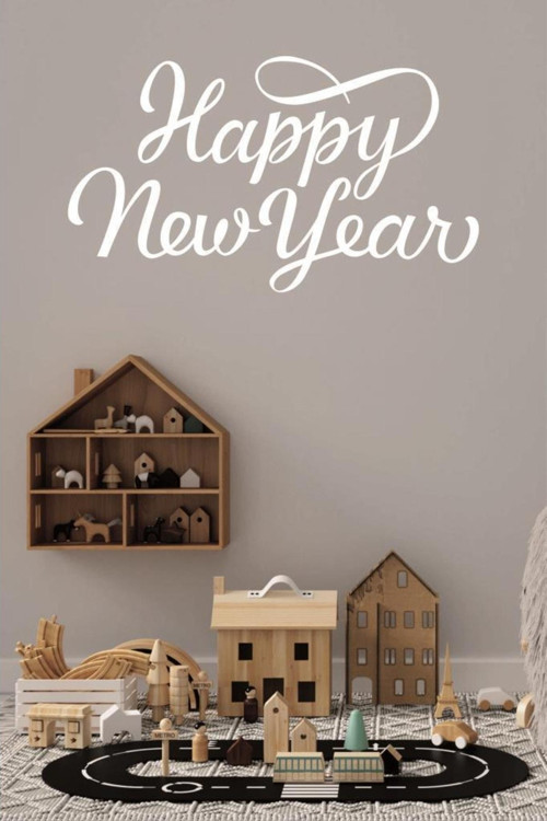 Happy New Year Temalı Vitrin Cam Özel Sticker Beyaz Model 3 90X50 Cm