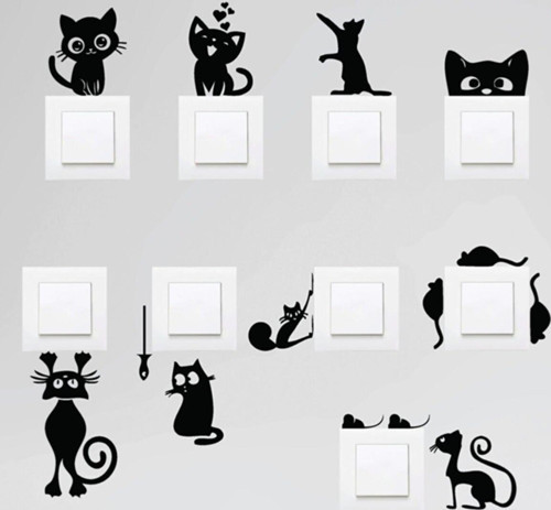 Priz Kedi Özel Sticker Set Siyah Etiket Duvar Özel Sticker