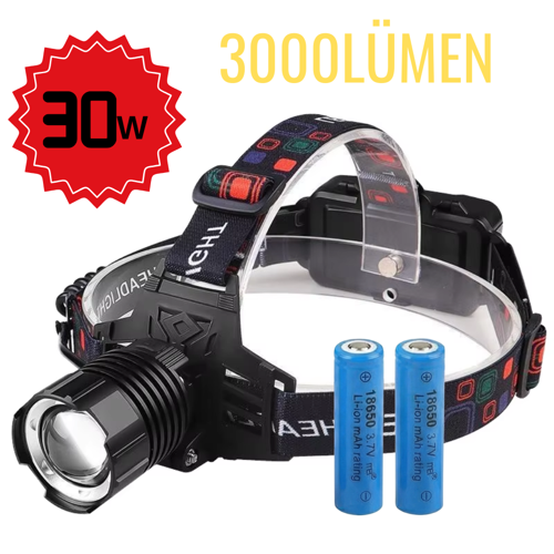 1 KM Menzilli 3000 Lümen Şarjlı Kafa Feneri - 30W Güç, IPX-7 Suya Dayanıklı Kamp/Av Feneri
