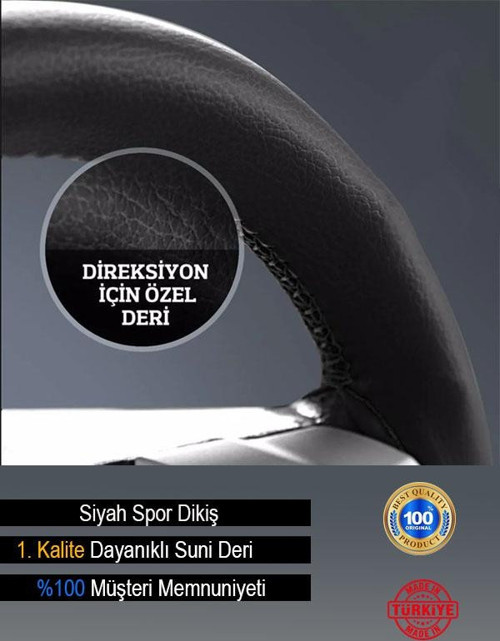 Ford Courier Özel Süper Deri Direksiyon Kılıfı, Dikmeli Siyah Spor Dikiş
