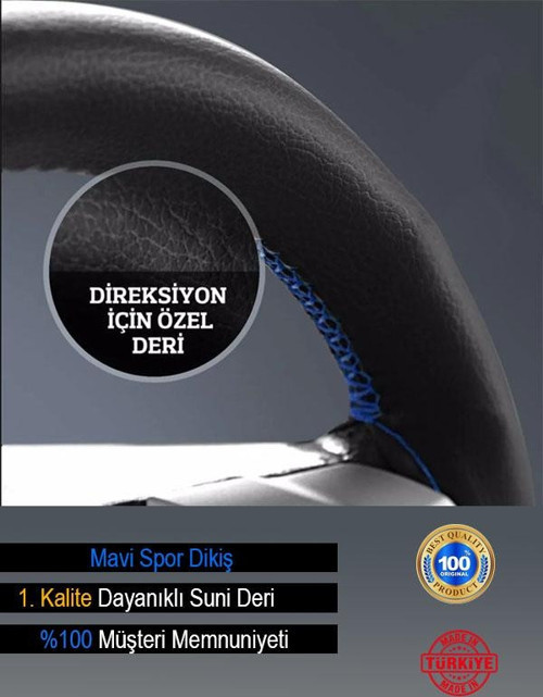 Suzuki Splash Özel Süper Deri Direksiyon Kılıfı, Dikmeli Mavi Spor Dikişli