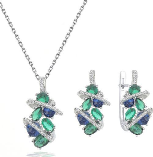 Zümrüt Oval Taşlı Luxury Kadın Gümüş Kolye Küpe Set