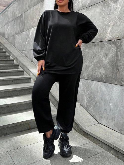 Kadın Büyük Beden Düz Siyah İkiiplik Cepli Uzun Kol Eşofman Takımı