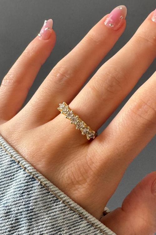 Kadın Gold Zirkon Taşlı Yedi Taş Premium Ayarlanabilir Yüzük