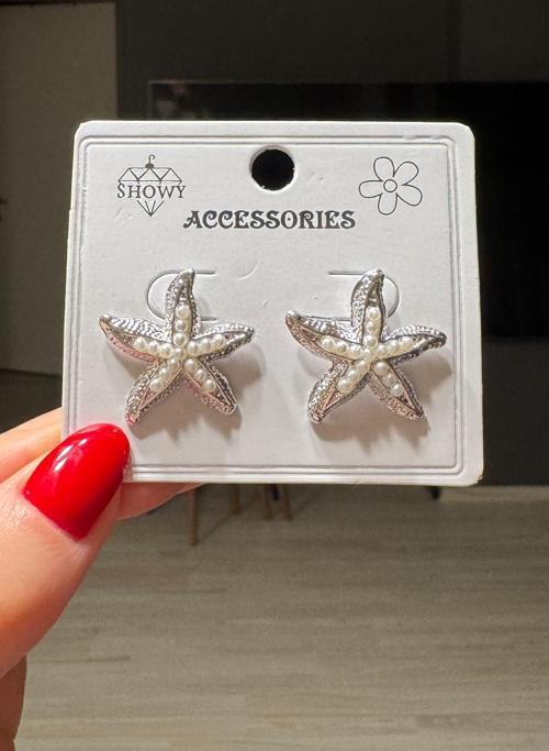 Kadın Gümüş Renk İncili Deniz Yıldızı Küpe