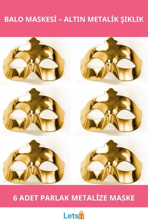 Altın Metalize Renk Düz Parti Balo Maskesi 6 Adet